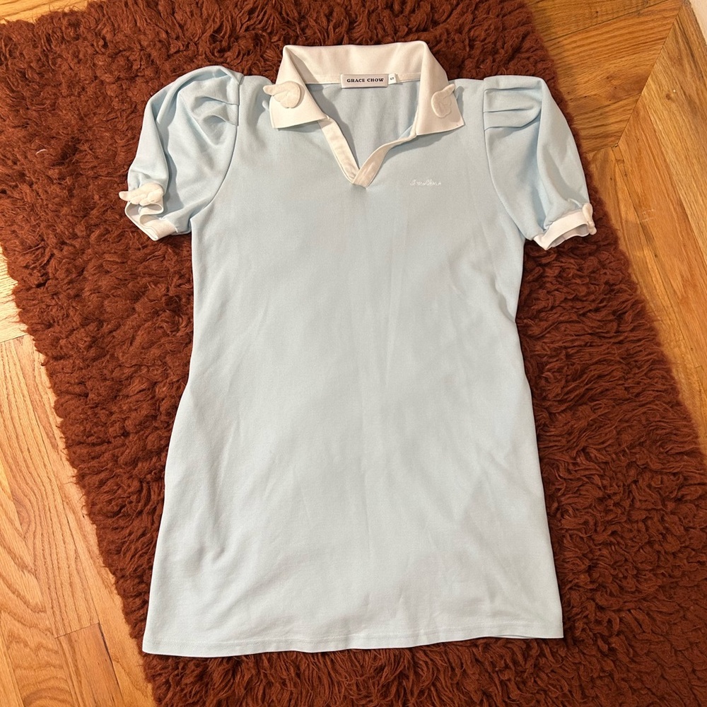 Grace Chow powder blue short sleeve mini shirt dress collared 3D wings Small - Picture 2 of 14